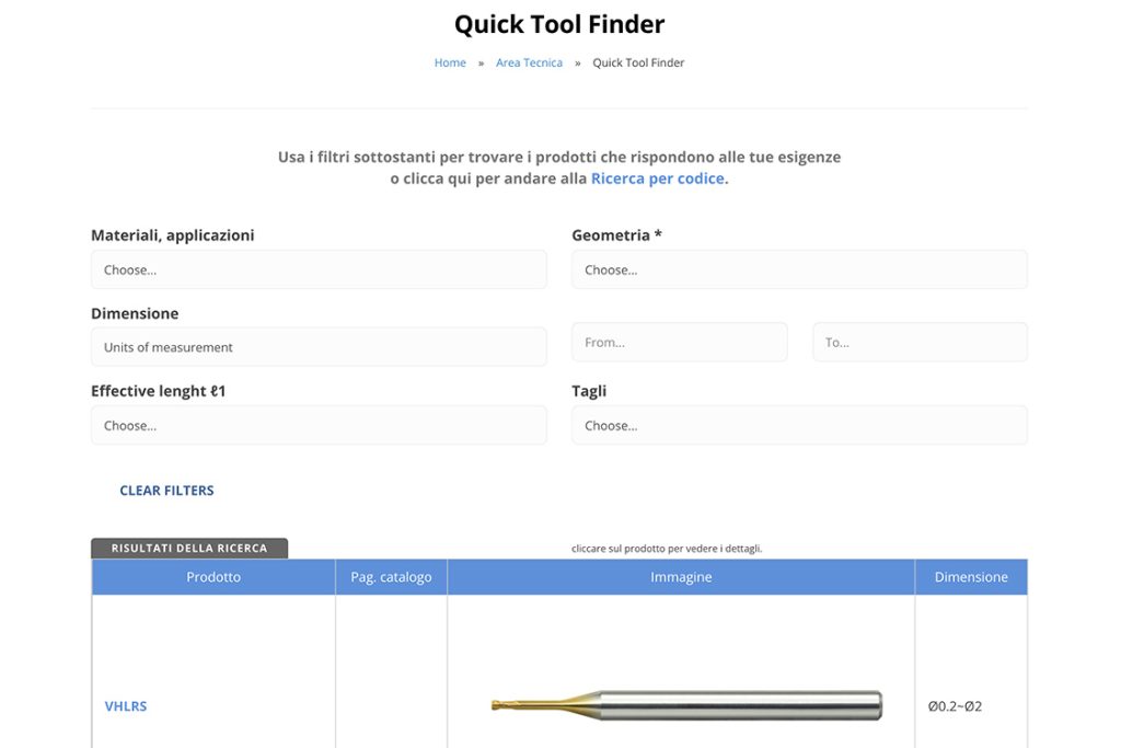 Pagina quick tool finder sito Union Tool